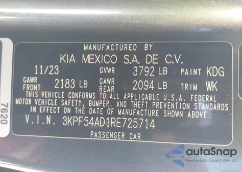 2024 Kia Forte Gt-Line из США, поврежденный, VIN 3KPF54AD1RE725714